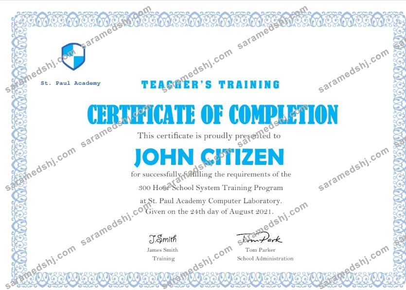 USA Teacher’s Training Completion certificate